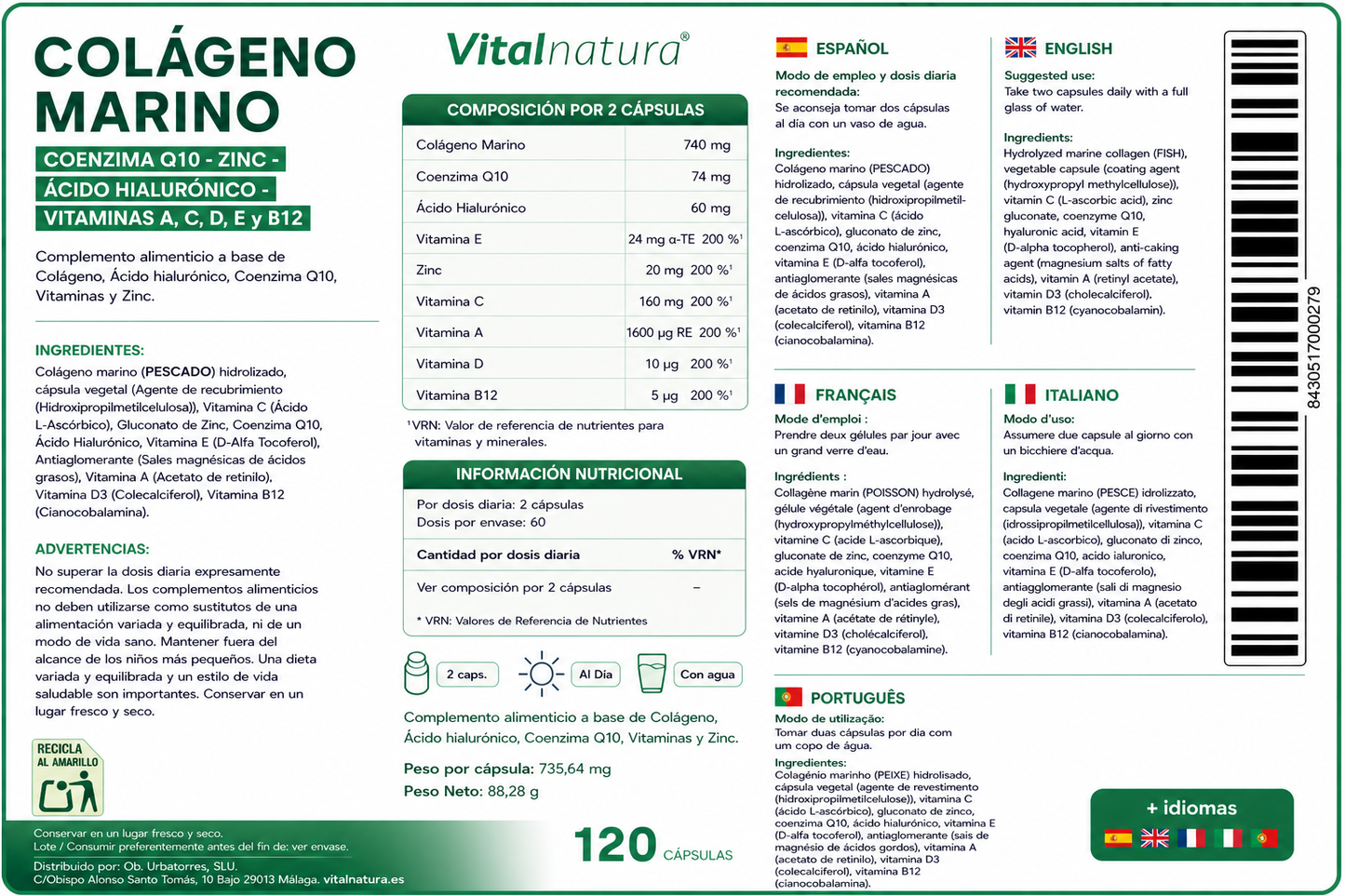 Colágeno Complex Vitalnatura con Ácido Hialurónico + Coenzima Q10 + Vitaminas y Zinc 120 Cápsulas
