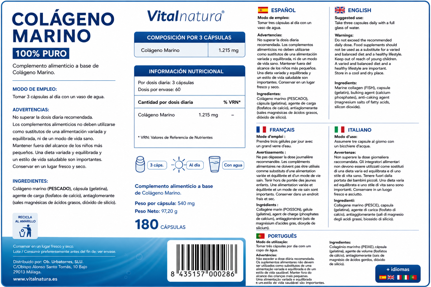 Colágeno Marino Hidrolizado 100% Puro Vitalnatura – 180 Cápsulas