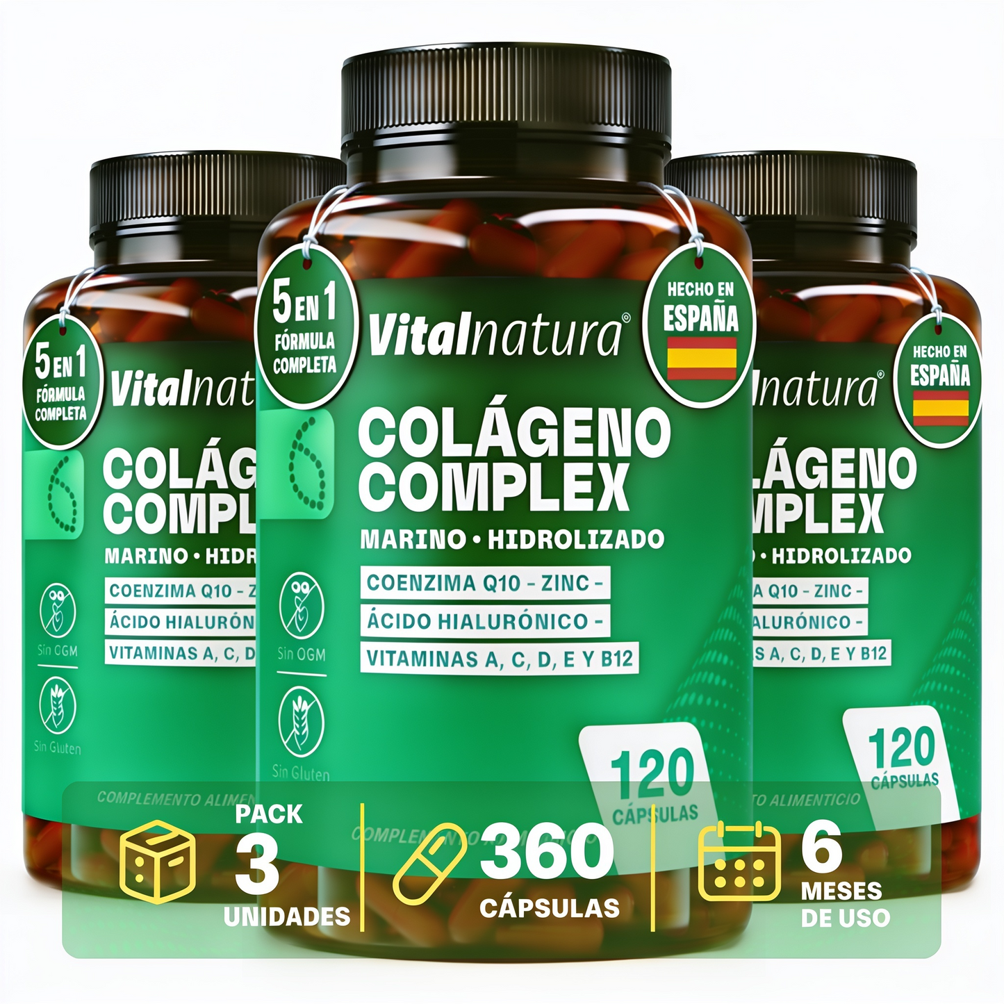 Colágeno Complex Vitalnatura con Ácido Hialurónico + Coenzima Q10 + Vitaminas y Zinc 120 Cápsulas