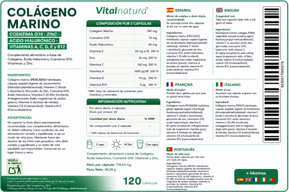 Colágeno Complex Vitalnatura con Ácido Hialurónico + Coenzima Q10 + Vitaminas y Zinc 120 Cápsulas