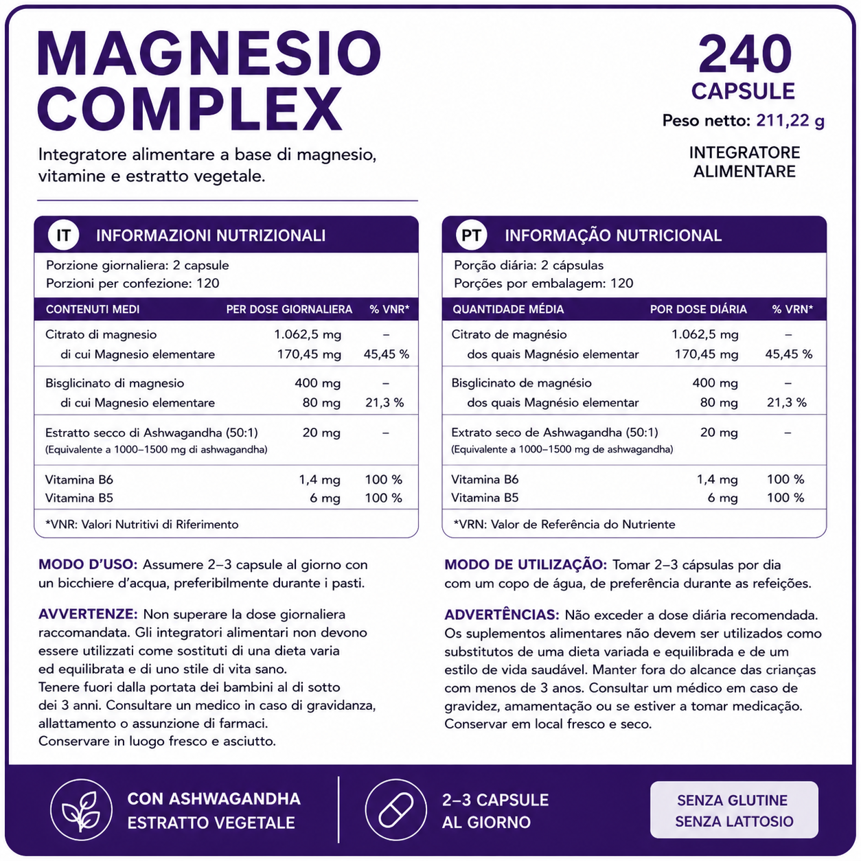 Magnesio Complex Vitalnatura – Citrato + Bisglicinato de Magnesio + Ashwagandha – 240 Cápsulas