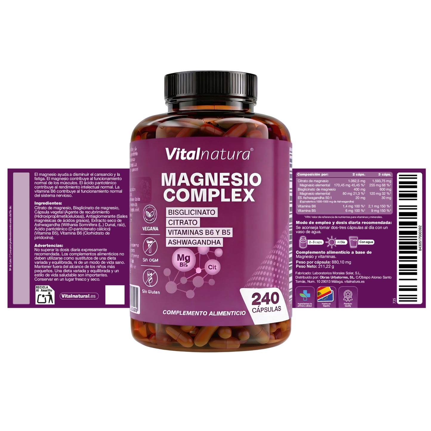 Magnesio Complex Vitalnatura – Citrato + Bisglicinato de Magnesio + Ashwagandha – 240 Cápsulas