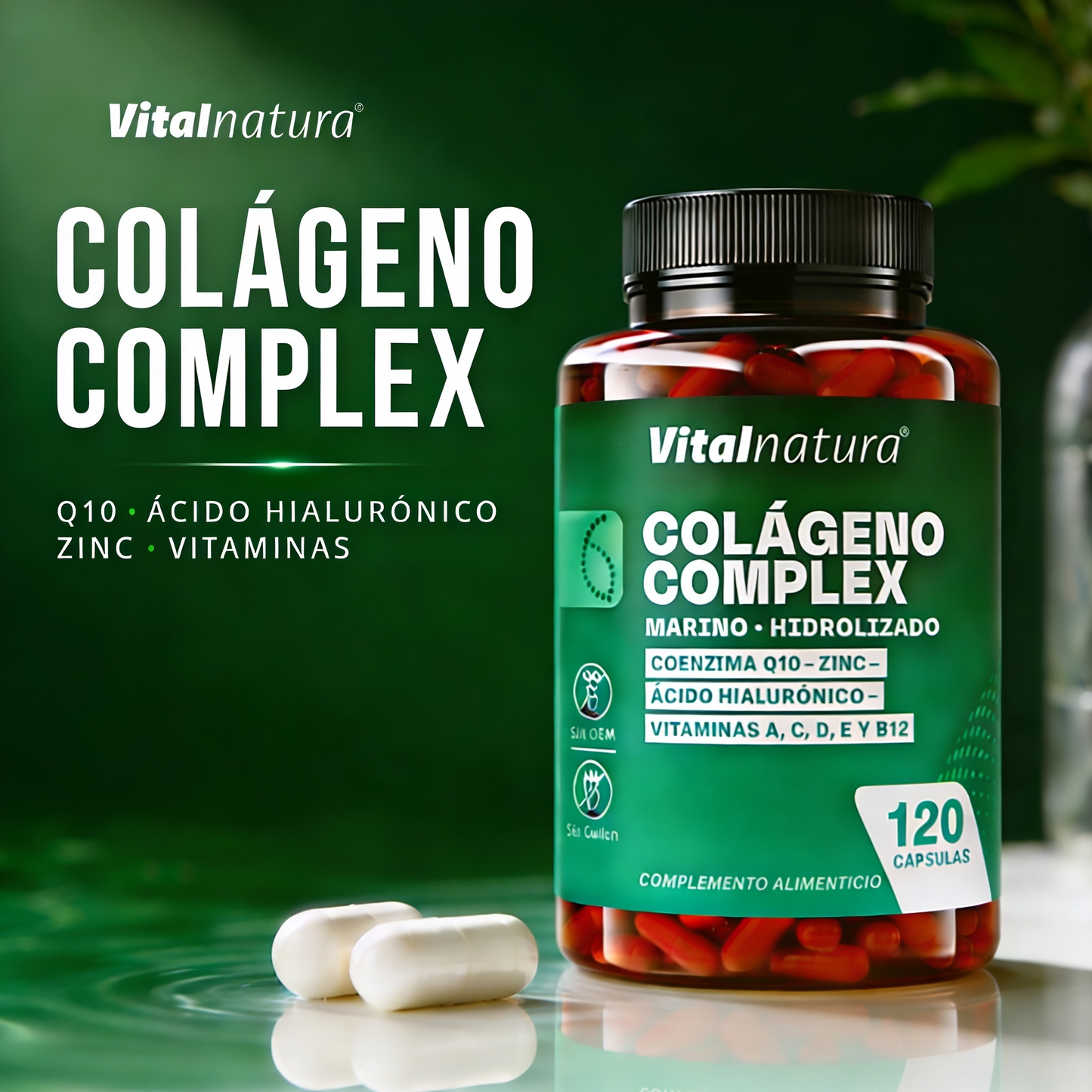 Colágeno Complex Vitalnatura con Ácido Hialurónico + Coenzima Q10 + Vitaminas y Zinc 120 Cápsulas