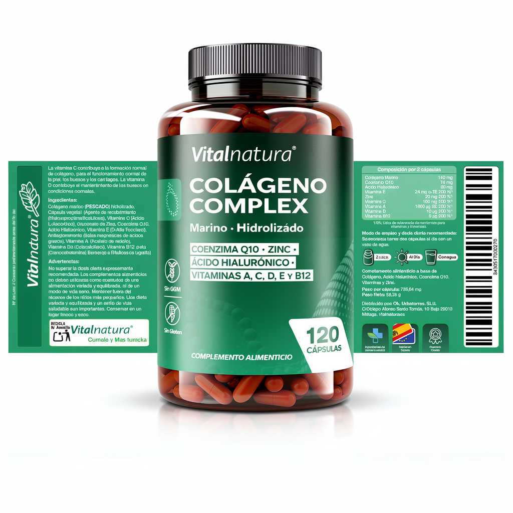 Colágeno Complex Vitalnatura con Ácido Hialurónico + Coenzima Q10 + Vitaminas y Zinc 120 Cápsulas