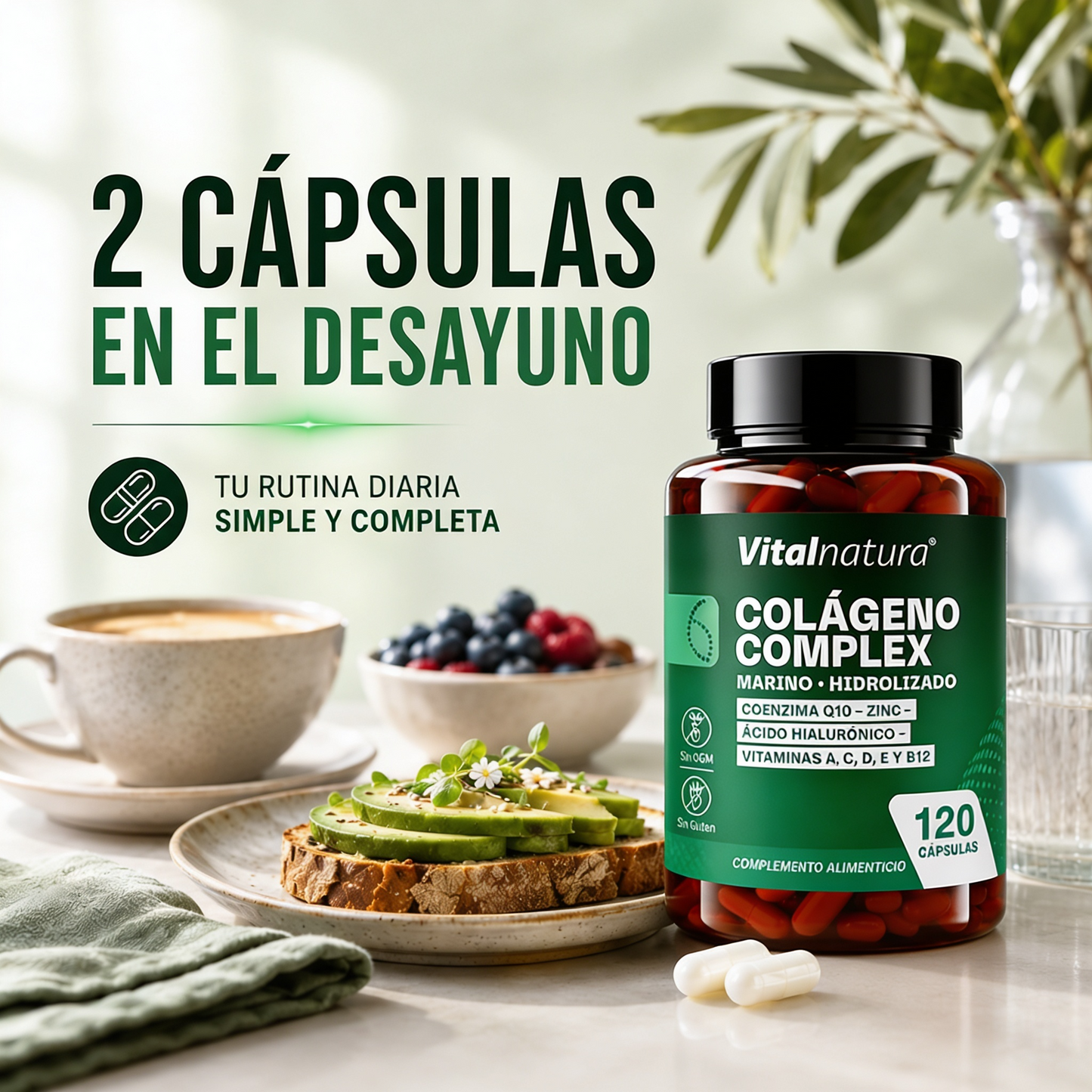 Colágeno Complex Vitalnatura con Ácido Hialurónico + Coenzima Q10 + Vitaminas y Zinc 120 Cápsulas