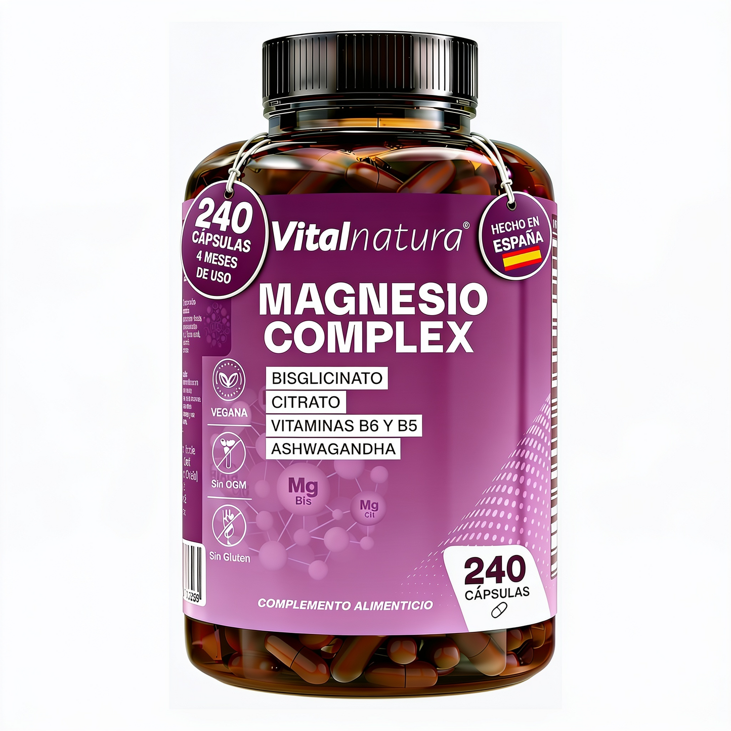 Magnesio Complex Vitalnatura – Citrato + Bisglicinato de Magnesio + Ashwagandha – 240 Cápsulas