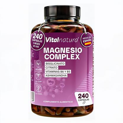Magnesio Complex Vitalnatura – Citrato + Bisglicinato de Magnesio + Ashwagandha – 240 Cápsulas