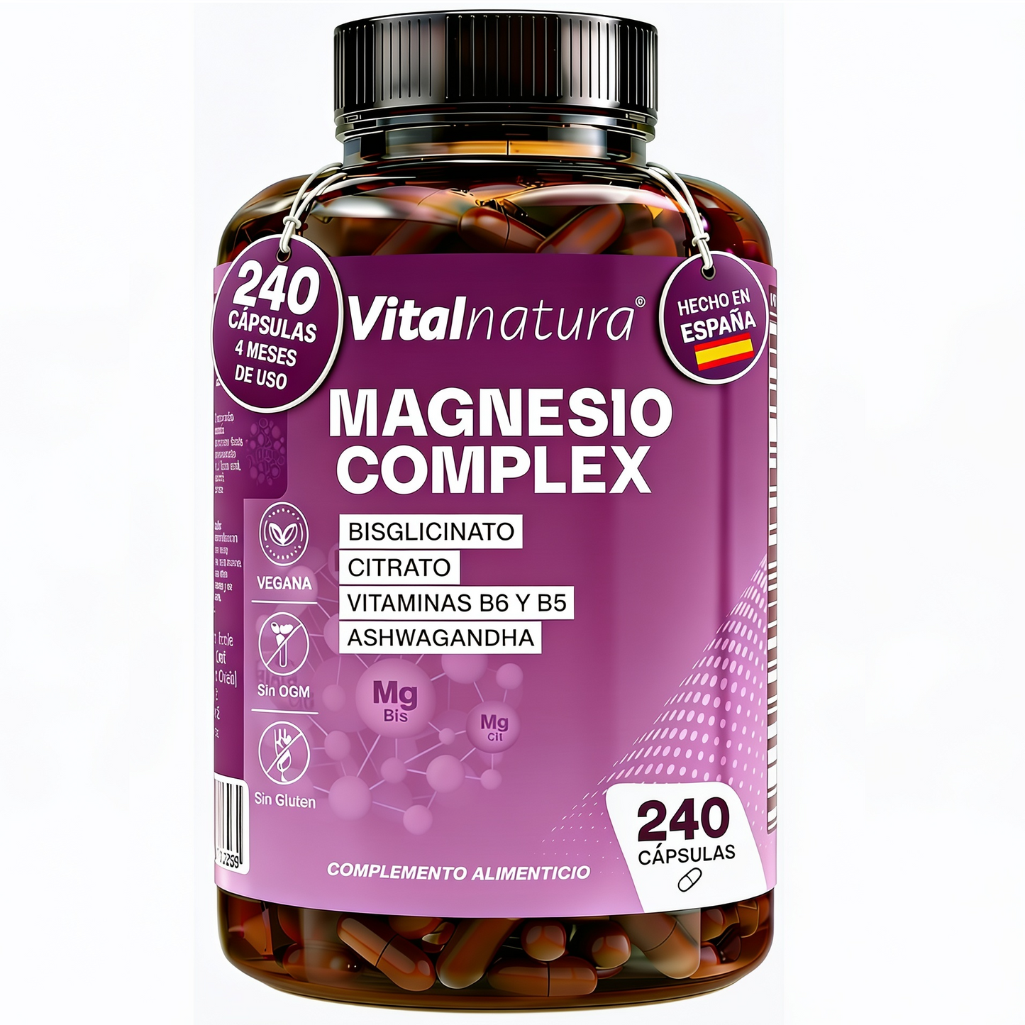 Magnesio Complex Vitalnatura – Citrato + Bisglicinato de Magnesio + Ashwagandha – 240 Cápsulas