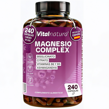 Magnesio Complex Vitalnatura – Citrato + Bisglicinato de Magnesio + Ashwagandha – 240 Cápsulas
