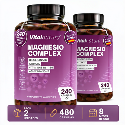 Magnesio Complex Vitalnatura – Citrato + Bisglicinato de Magnesio + Ashwagandha – 240 Cápsulas