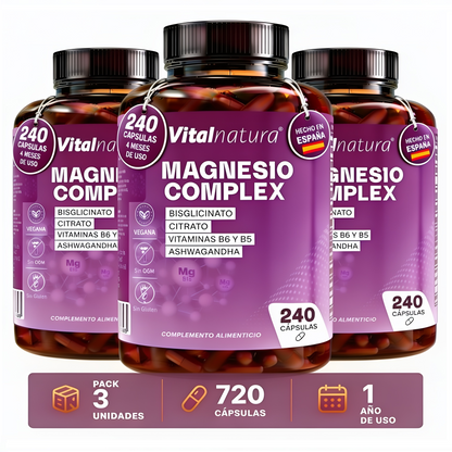 Magnesio Complex Vitalnatura – Citrato + Bisglicinato de Magnesio + Ashwagandha – 240 Cápsulas