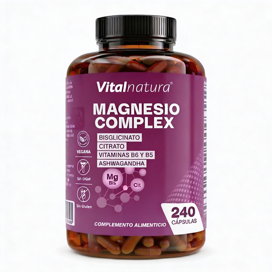 Magnesio Complex Vitalnatura – Citrato + Bisglicinato de Magnesio + Ashwagandha – 240 Cápsulas