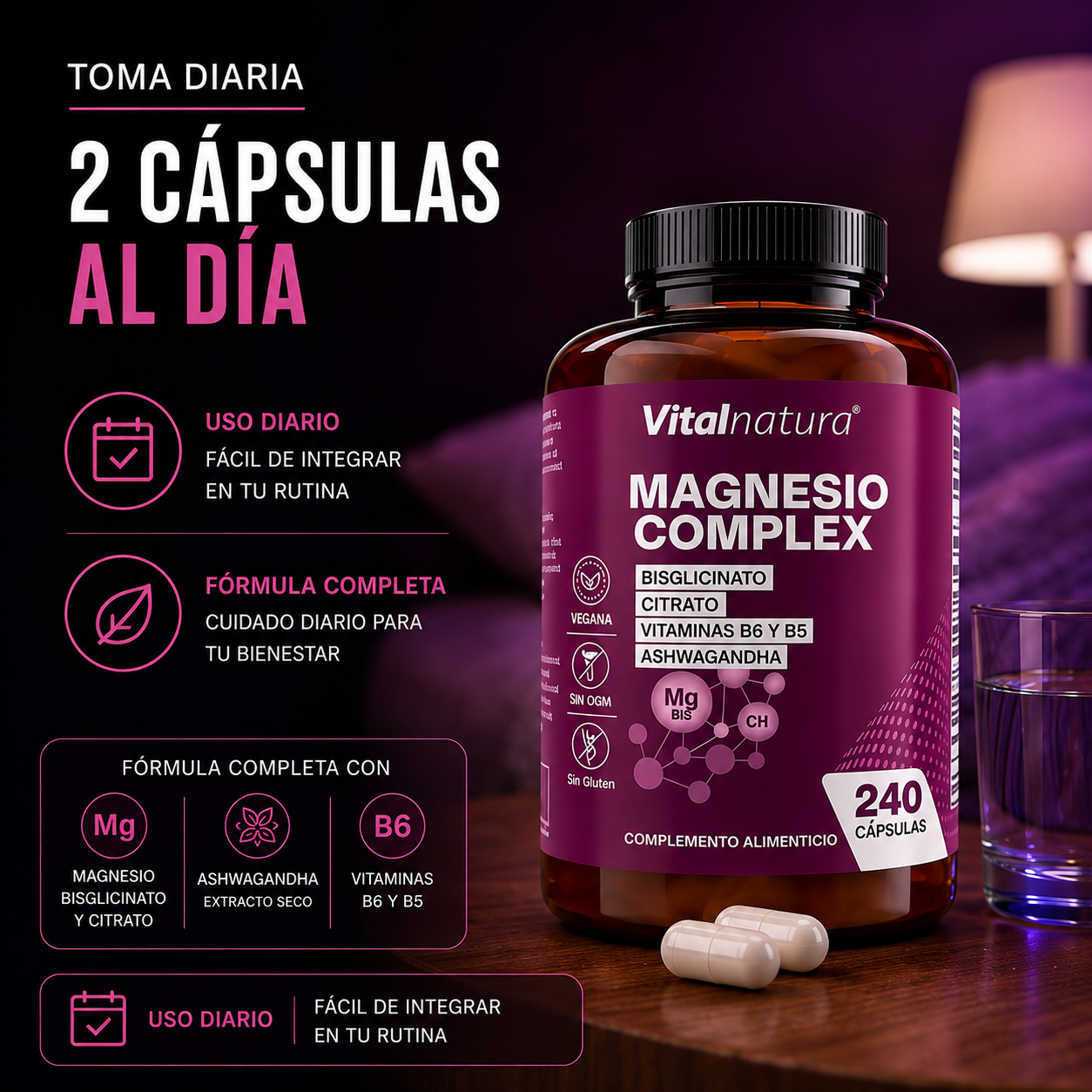 Magnesio Complex Vitalnatura – Citrato + Bisglicinato de Magnesio + Ashwagandha – 240 Cápsulas