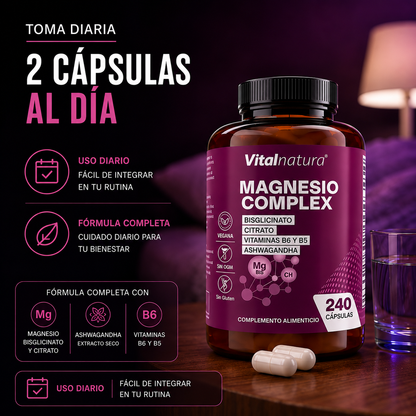 Magnesio Complex Vitalnatura – Citrato + Bisglicinato de Magnesio + Ashwagandha – 240 Cápsulas