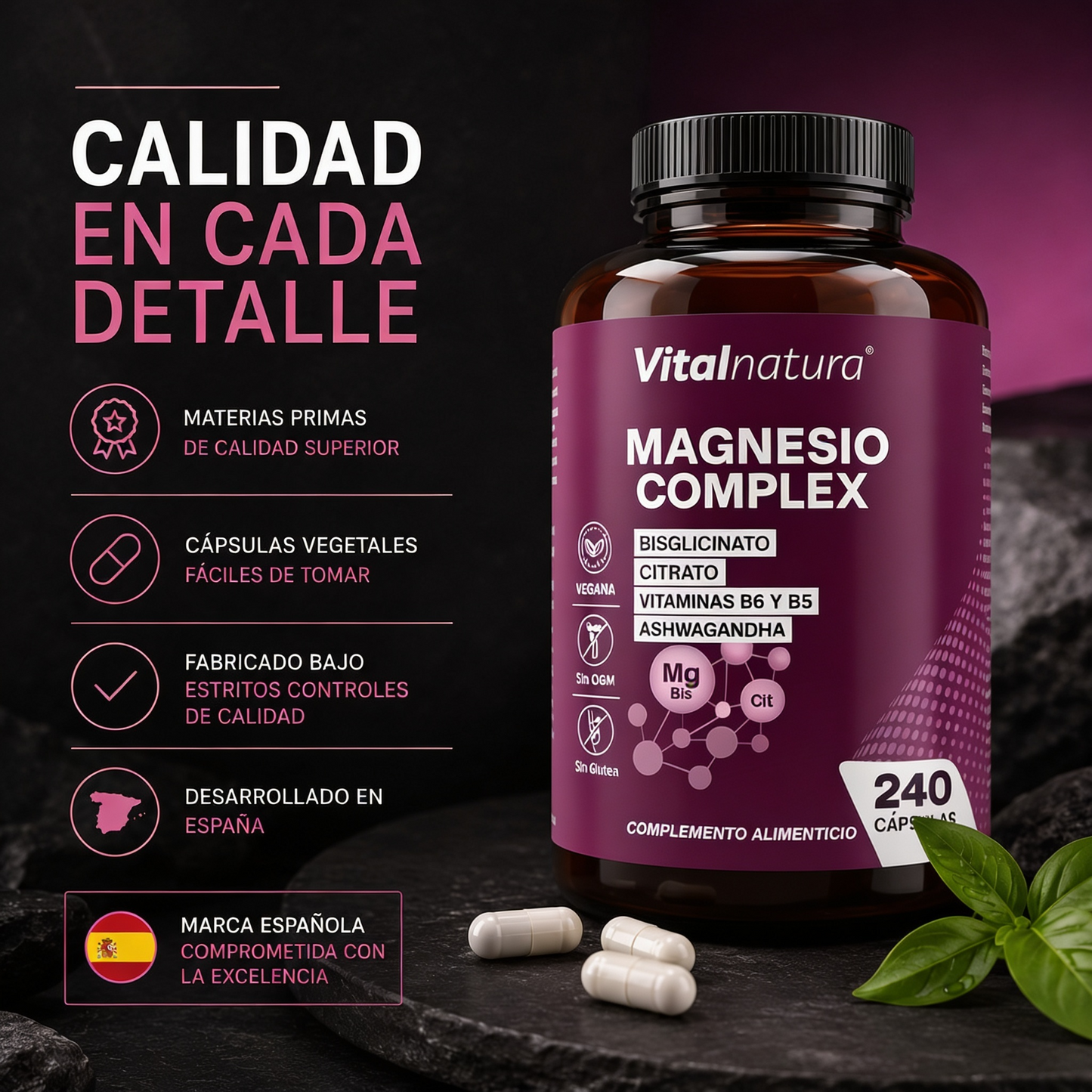 Magnesio Complex Vitalnatura – Citrato + Bisglicinato de Magnesio + Ashwagandha – 240 Cápsulas