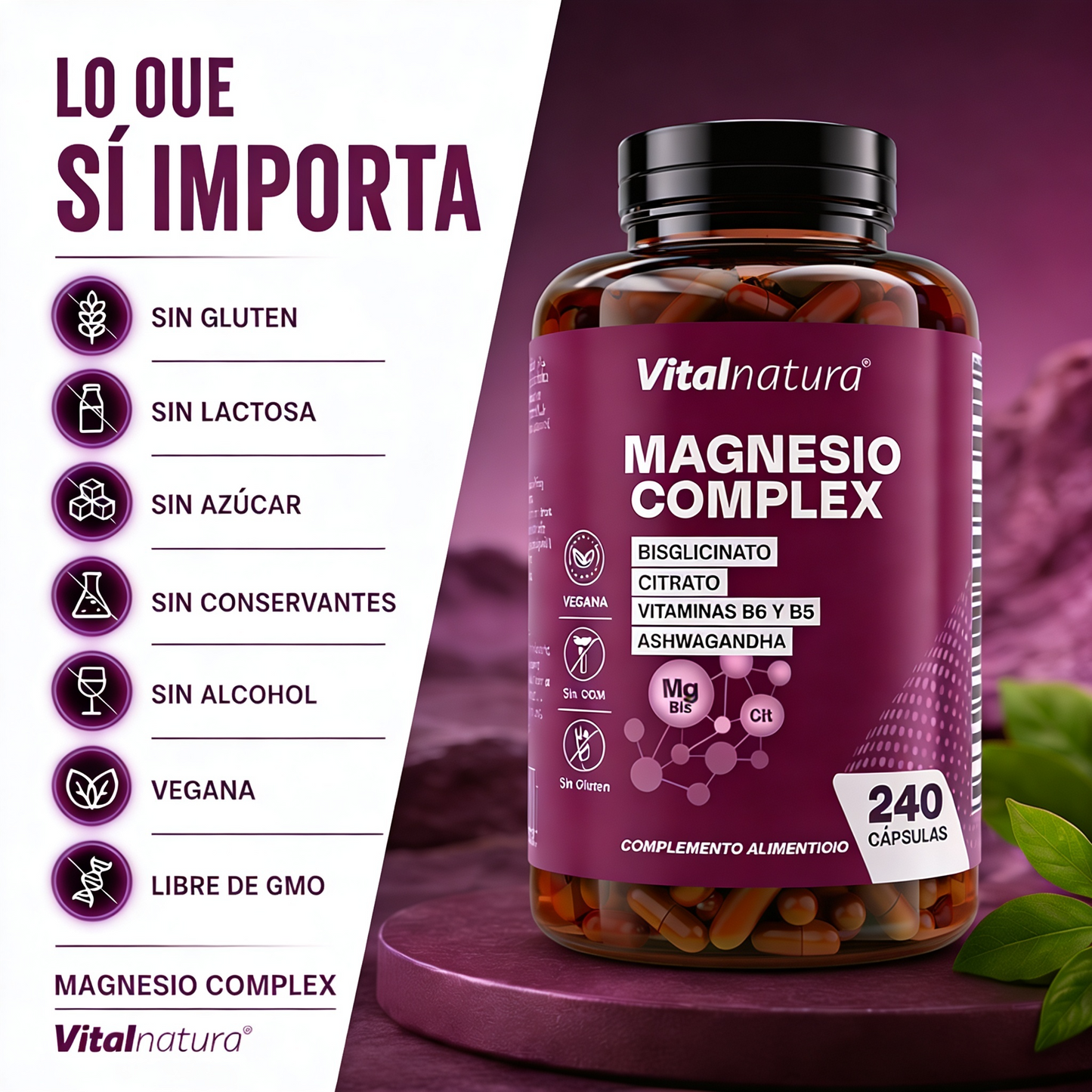 Magnesio Complex Vitalnatura – Citrato + Bisglicinato de Magnesio + Ashwagandha – 240 Cápsulas