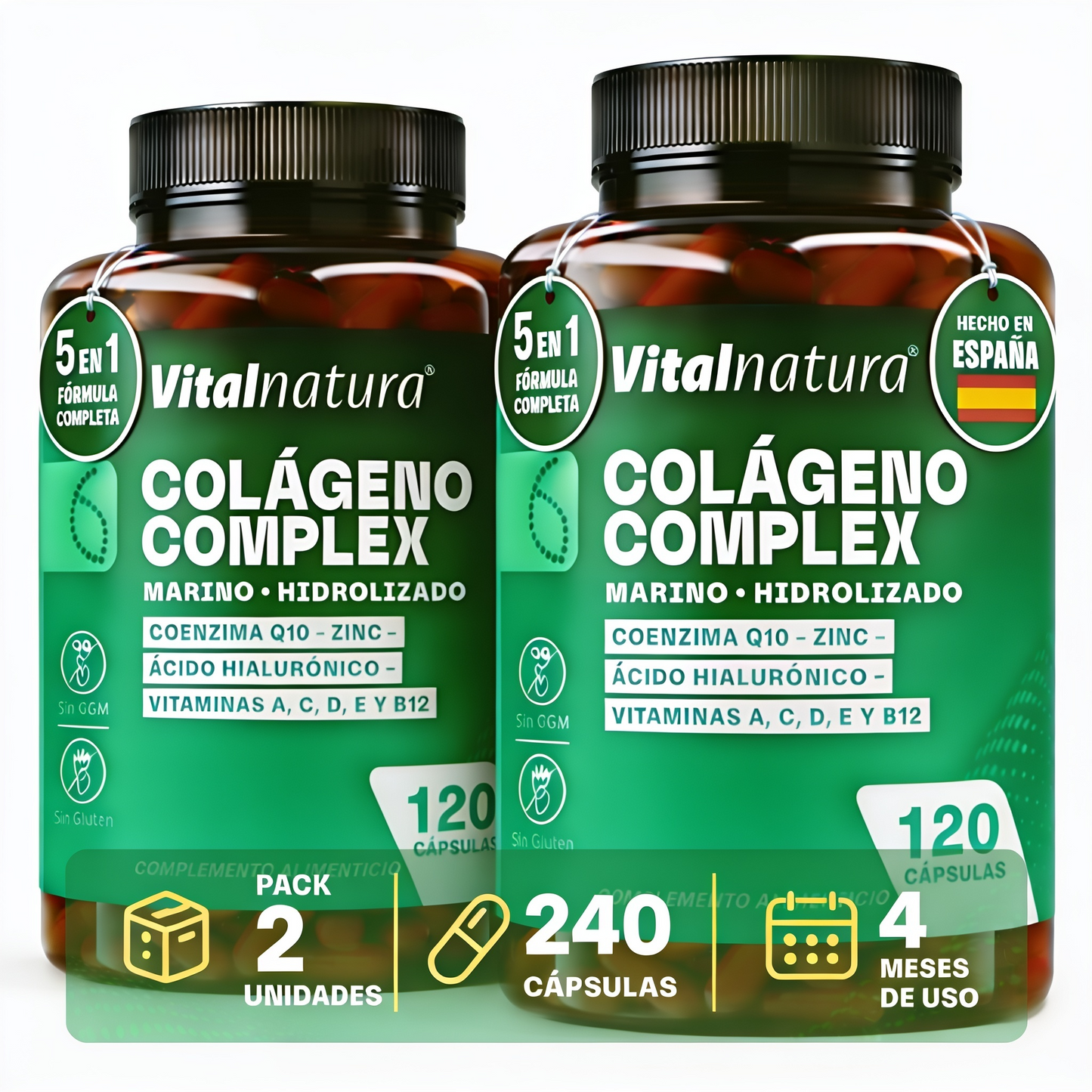 Colágeno Complex Vitalnatura con Ácido Hialurónico + Coenzima Q10 + Vitaminas y Zinc 120 Cápsulas